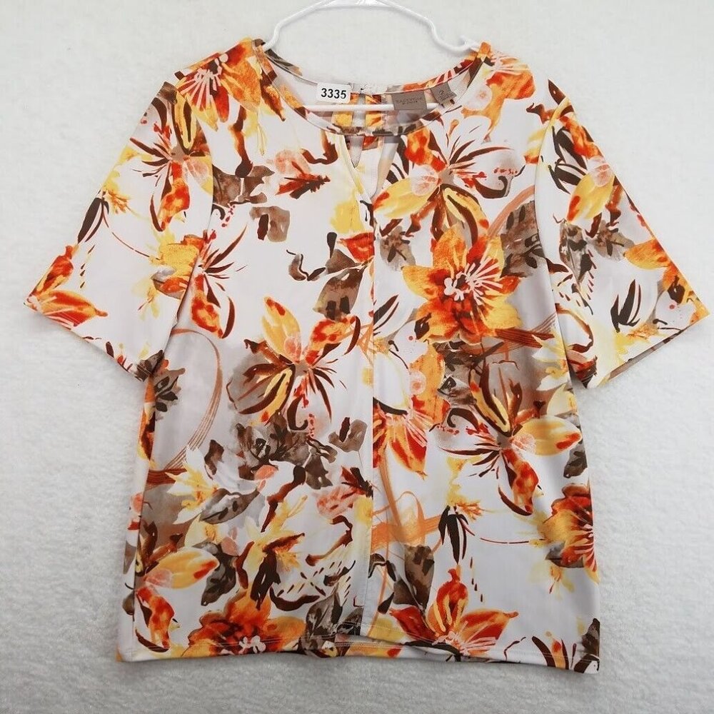 Chicos Easywear Shirt Womens Large Short Sleeve Blouse Floral Keyhole Neck
